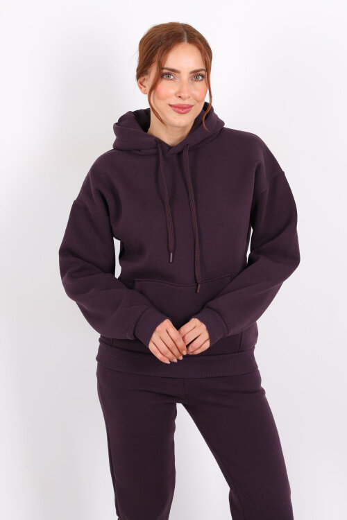 Kapüşonlu Kanguru Cepli Mor Kadın Sweat - 3