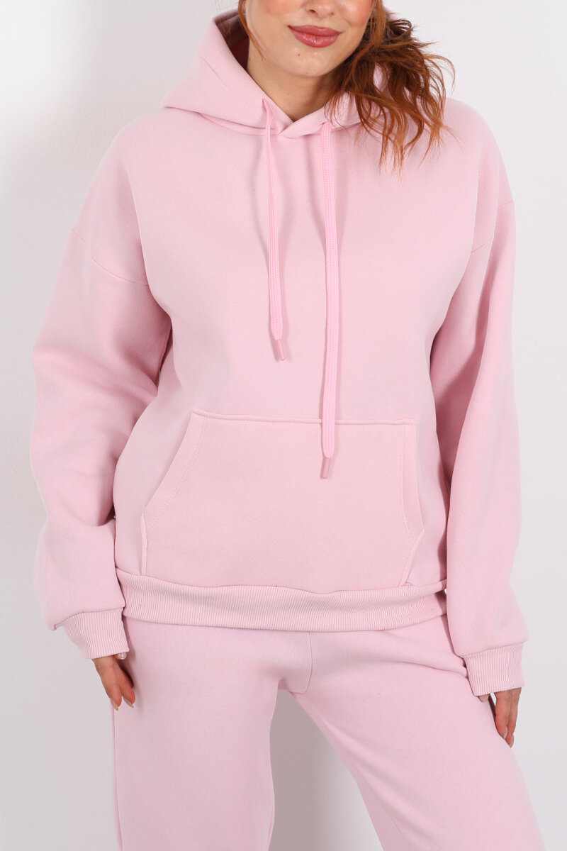 Kapüşonlu Kanguru Cepli Pembe Kadın Sweat - 2