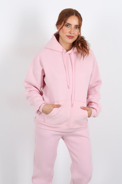 Kapüşonlu Kanguru Cepli Pembe Kadın Sweat 