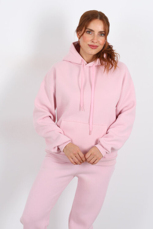 Kapüşonlu Kanguru Cepli Pembe Kadın Sweat - 3