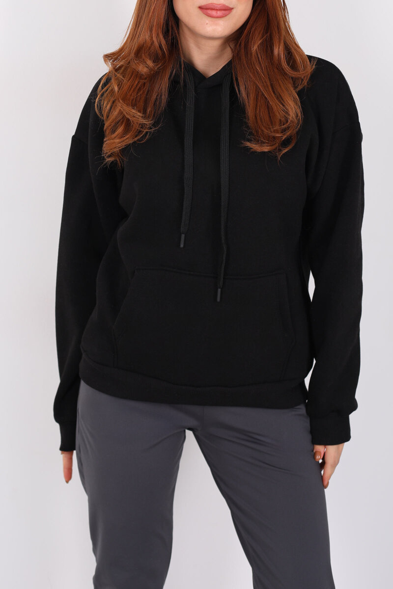 Kapüşonlu Kanguru Cepli Siyah Kadın Sweat - 2