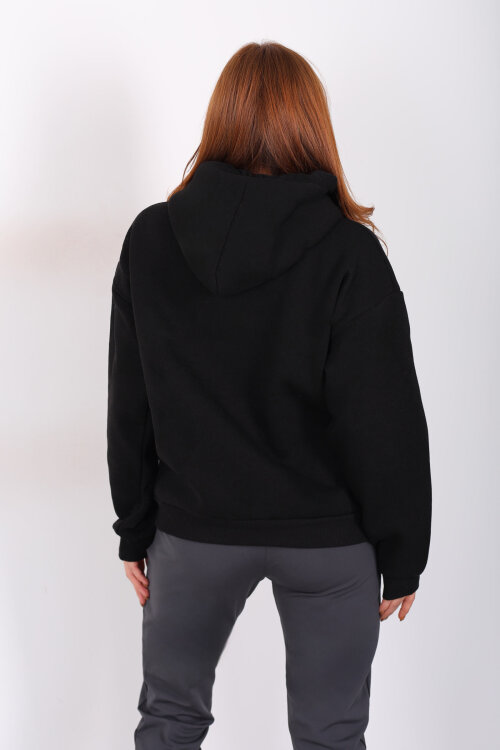 Kapüşonlu Kanguru Cepli Siyah Kadın Sweat - 4