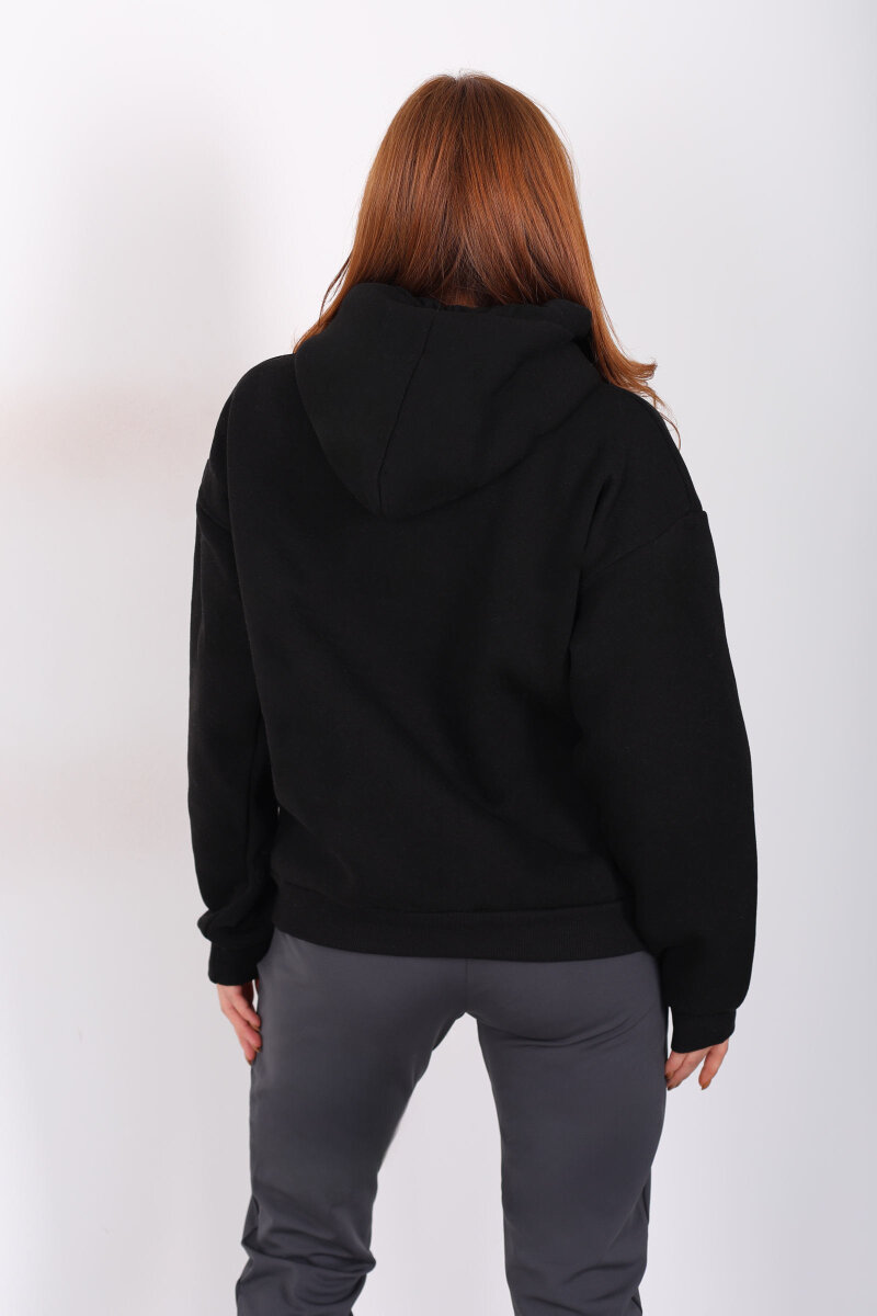 Kapüşonlu Kanguru Cepli Siyah Kadın Sweat - 4