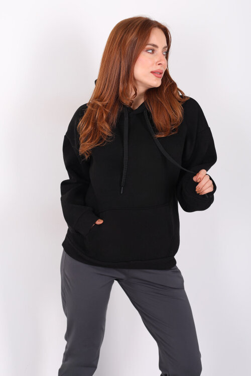Kapüşonlu Kanguru Cepli Siyah Kadın Sweat - 5