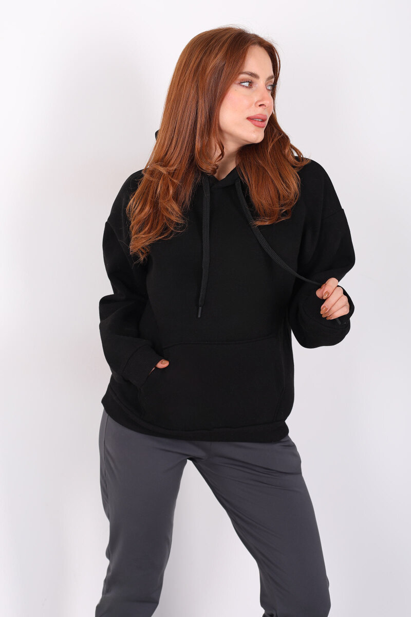 Kapüşonlu Kanguru Cepli Siyah Kadın Sweat - 5