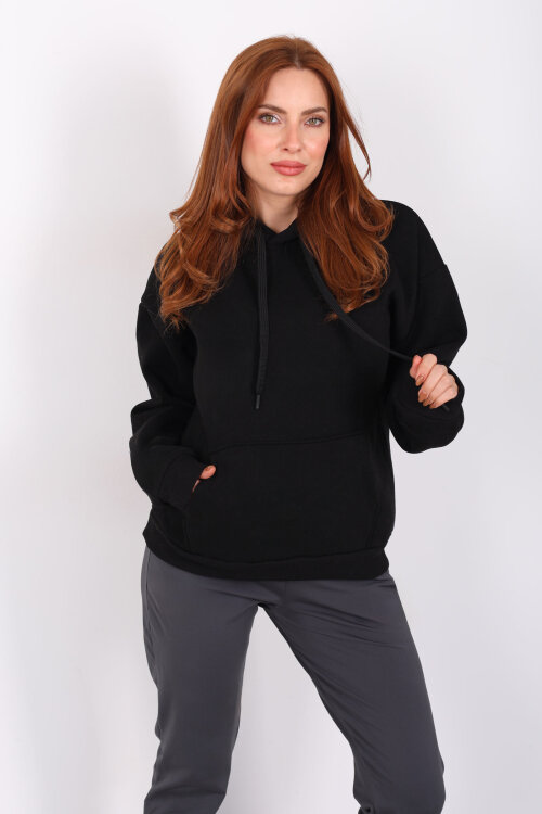 Kapüşonlu Kanguru Cepli Siyah Kadın Sweat - Berox