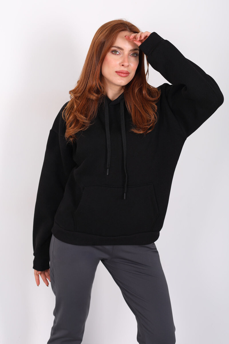 Kapüşonlu Kanguru Cepli Siyah Kadın Sweat - 3