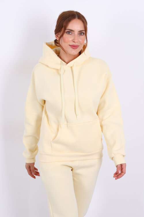 Kapüşonlu Kanguru Cepli Sarı Kadın Sweat - 3