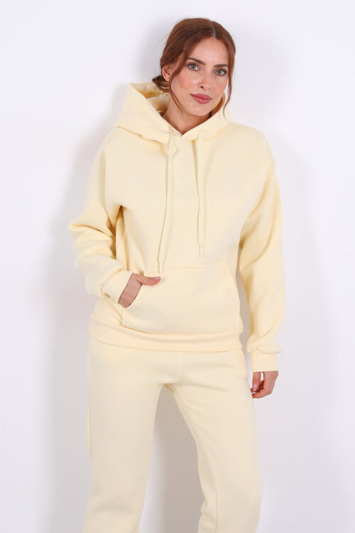 Kapüşonlu Kanguru Cepli Sarı Kadın Sweat 