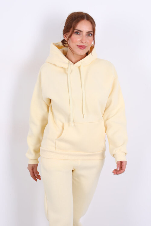 Kapüşonlu Kanguru Cepli Sarı Kadın Sweat - 4