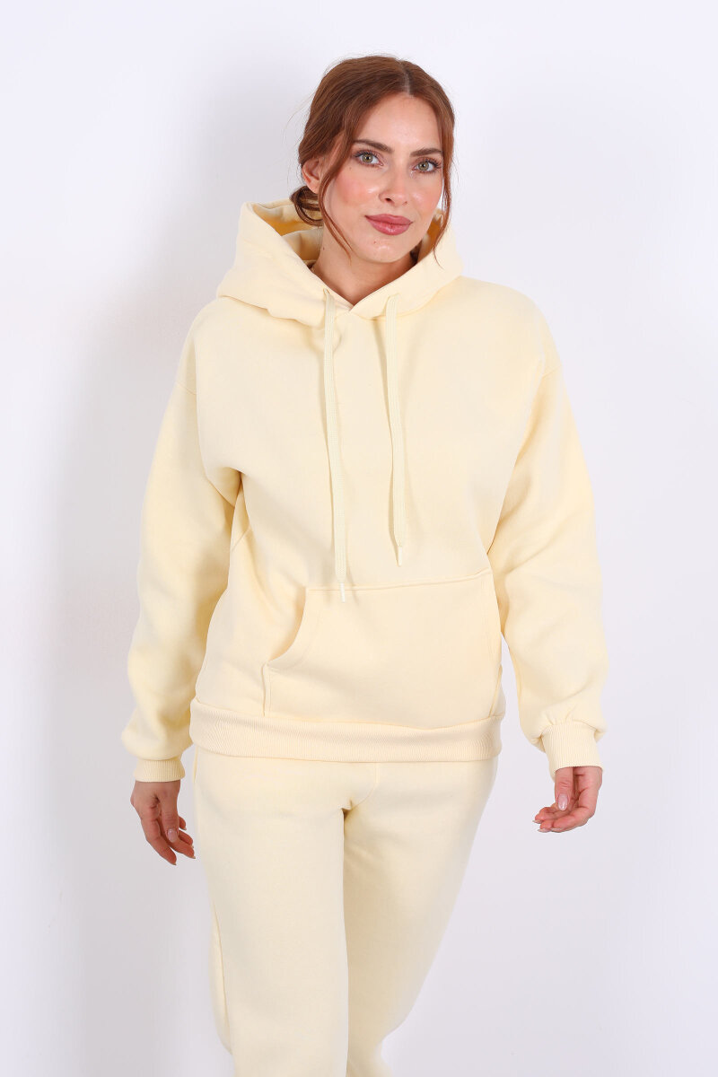 Kapüşonlu Kanguru Cepli Sarı Kadın Sweat - 4