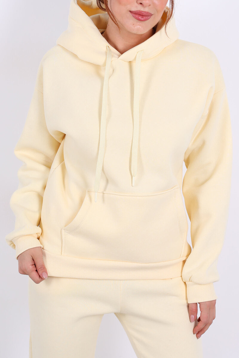 Kapüşonlu Kanguru Cepli Sarı Kadın Sweat - 2