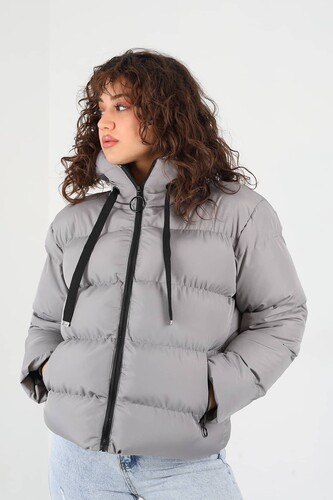 Kapüşonlu Kısa Gri Kadın Şişme Mont - 8