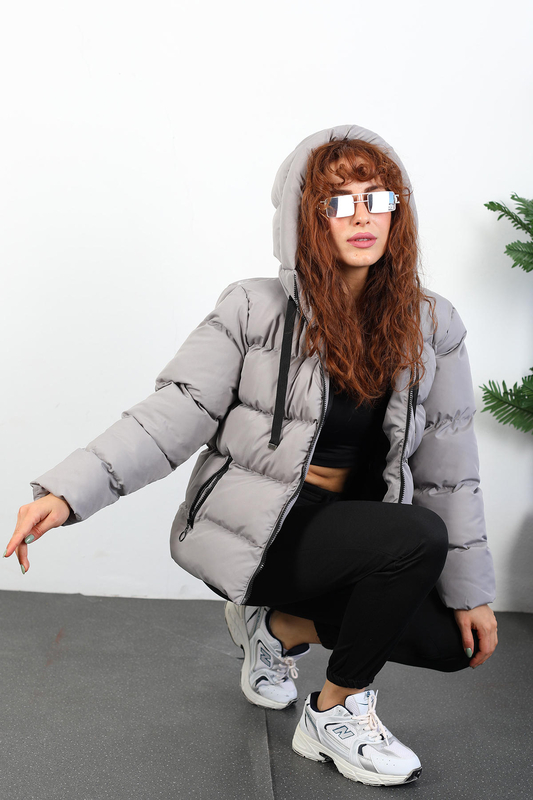 Kapüşonlu Kısa Gri Kadın Şişme Mont - 5