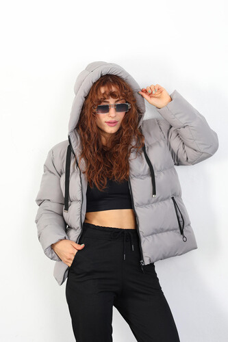 Kapüşonlu Kısa Gri Kadın Şişme Mont - 2