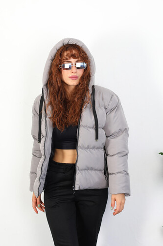 Kapüşonlu Kısa Gri Kadın Şişme Mont - 6