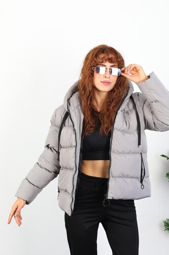 Kapüşonlu Kısa Gri Kadın Şişme Mont - 3