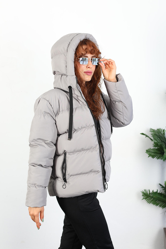 Kapüşonlu Kısa Gri Kadın Şişme Mont - 7