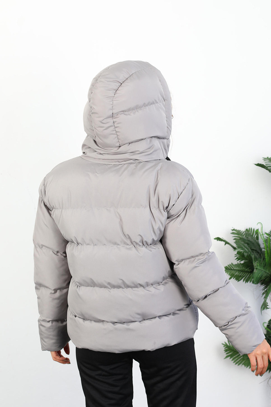 Kapüşonlu Kısa Gri Kadın Şişme Mont - 9
