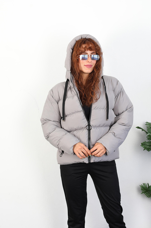Kapüşonlu Kısa Gri Kadın Şişme Mont - 4