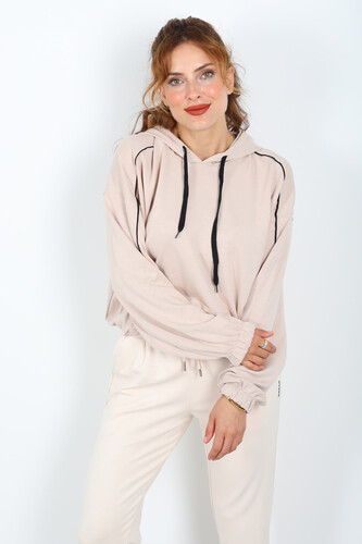 Kapüşonlu Kolları Arabiye Krem Kadın Modal Sweat - 3