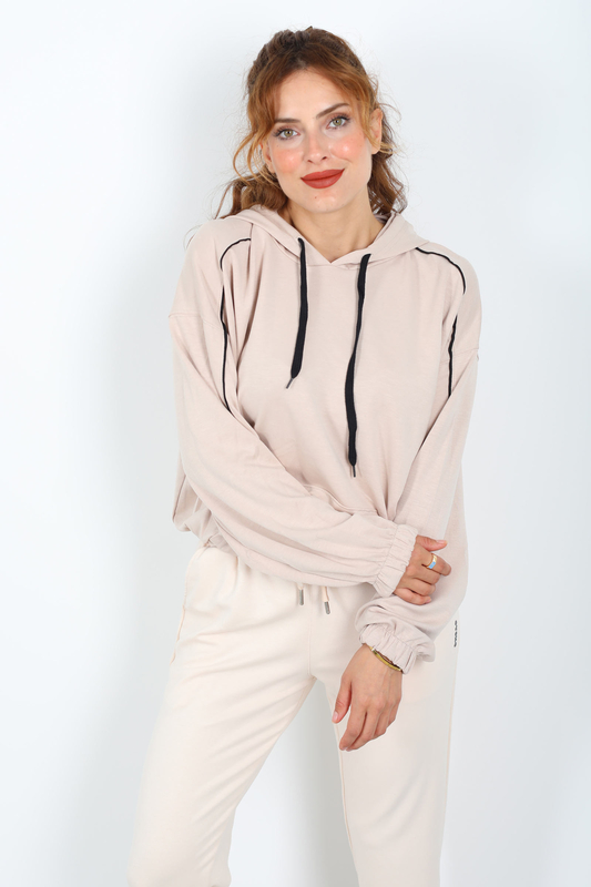 Kapüşonlu Kolları Arabiye Krem Kadın Modal Sweat - 3