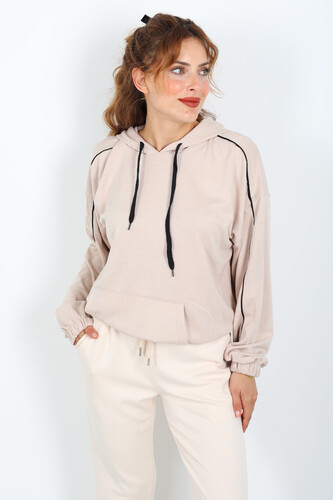 Kapüşonlu Kolları Arabiye Krem Kadın Modal Sweat - Berox