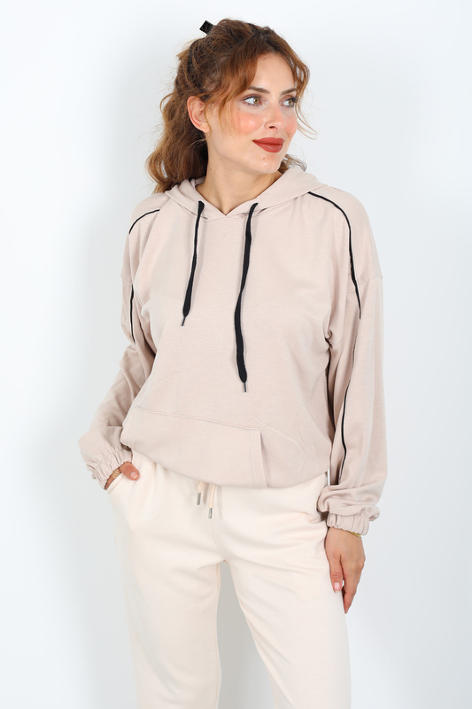 Kapüşonlu Kolları Arabiye Krem Kadın Modal Sweat - 1