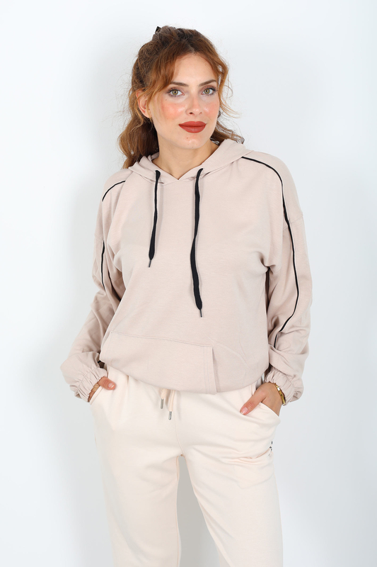 Kapüşonlu Kolları Arabiye Krem Kadın Modal Sweat - 2