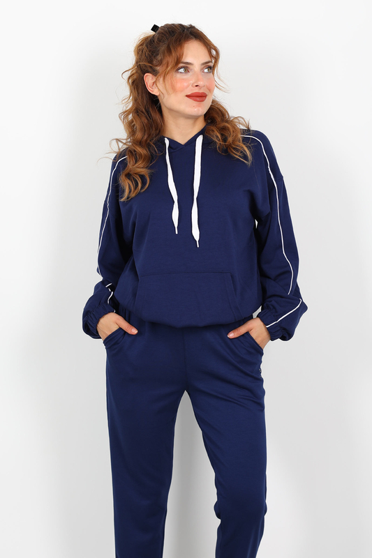 Kapüşonlu Kolları Arabiye Lacivert Kadın Modal Sweat - 4