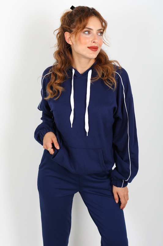 Kapüşonlu Kolları Arabiye Lacivert Kadın Modal Sweat - 1