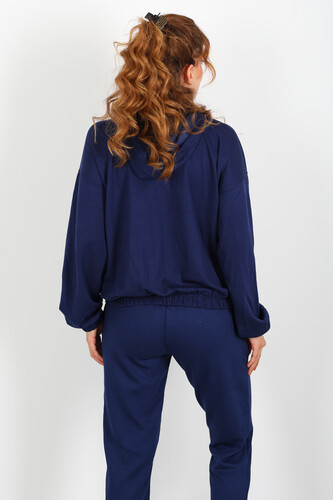 Kapüşonlu Kolları Arabiye Lacivert Kadın Modal Sweat - 5