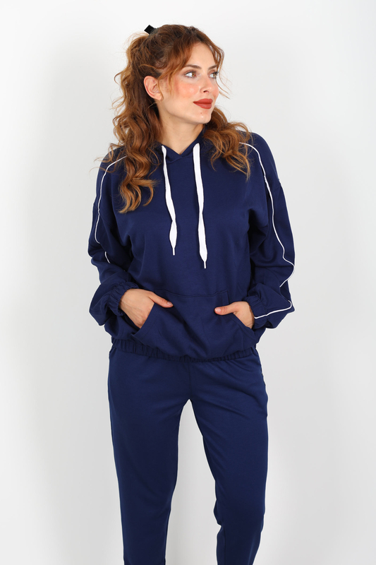 Kapüşonlu Kolları Arabiye Lacivert Kadın Modal Sweat - 3