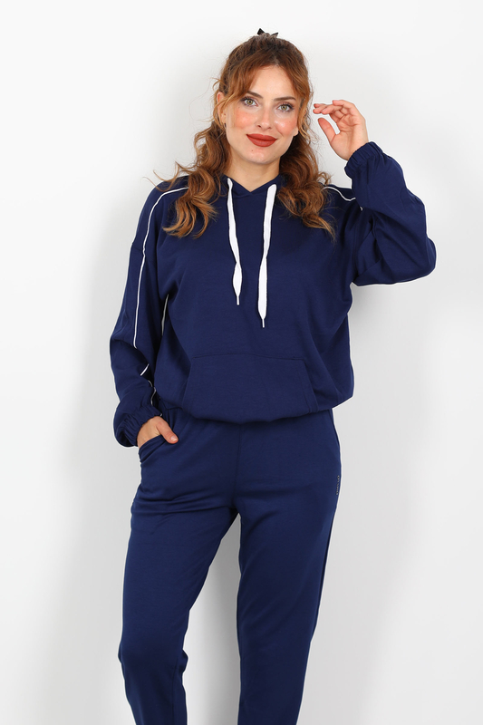 Kapüşonlu Kolları Arabiye Lacivert Kadın Modal Sweat - 2