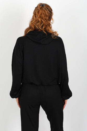 Kapüşonlu Kolları Arabiye Siyah Kadın Modal Sweat - 5