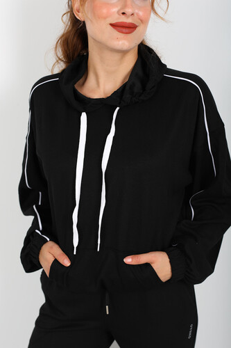 Kapüşonlu Kolları Arabiye Siyah Kadın Modal Sweat - 4