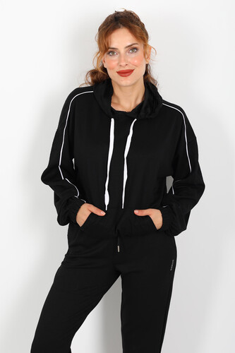 Kapüşonlu Kolları Arabiye Siyah Kadın Modal Sweat - 3