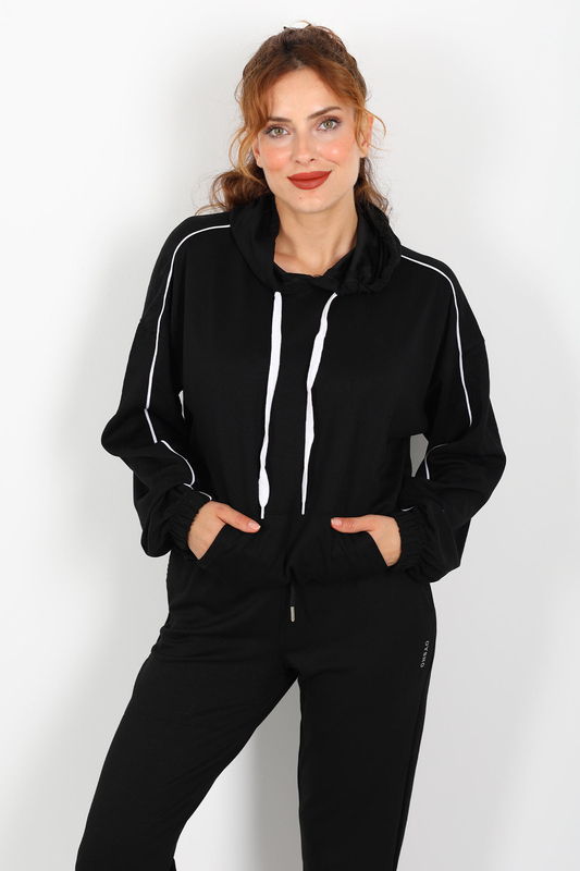 Kapüşonlu Kolları Arabiye Siyah Kadın Modal Sweat - 3