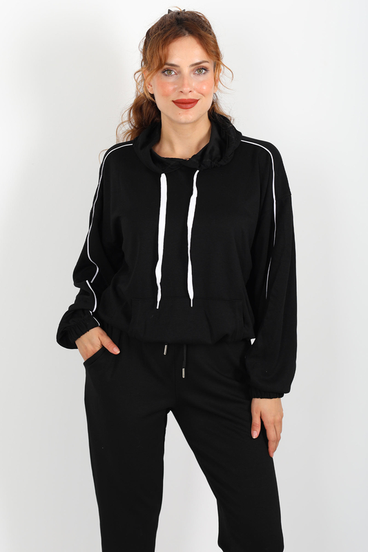 Kapüşonlu Kolları Arabiye Siyah Kadın Modal Sweat - 2