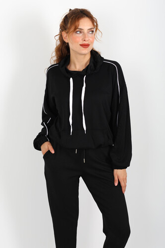 Kapüşonlu Kolları Arabiye Siyah Kadın Modal Sweat - Berox