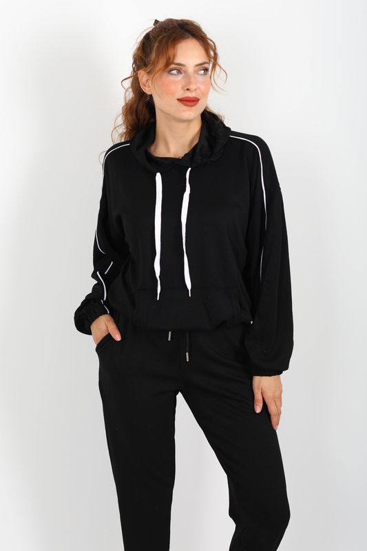 Kapüşonlu Kolları Arabiye Siyah Kadın Modal Sweat - 1