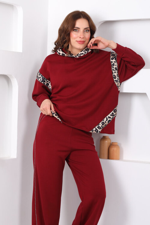 Kapüşonlu Leopar Detaylı Taşlı Bordo Kadın Modal Takım - Berox