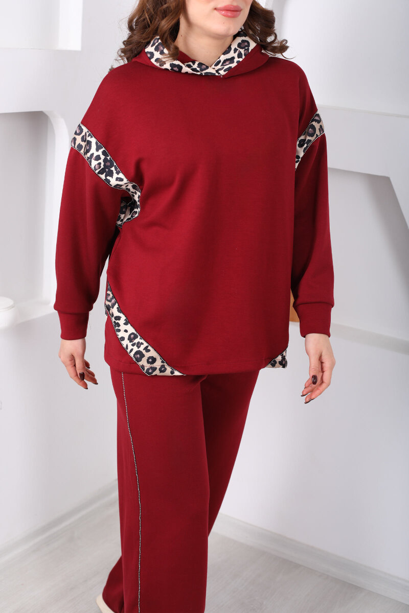 Kapüşonlu Leopar Detaylı Taşlı Bordo Kadın Modal Takım - 2