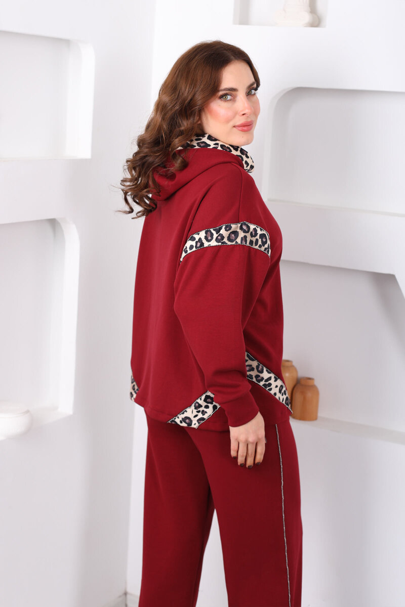 Kapüşonlu Leopar Detaylı Taşlı Bordo Kadın Modal Takım - 5