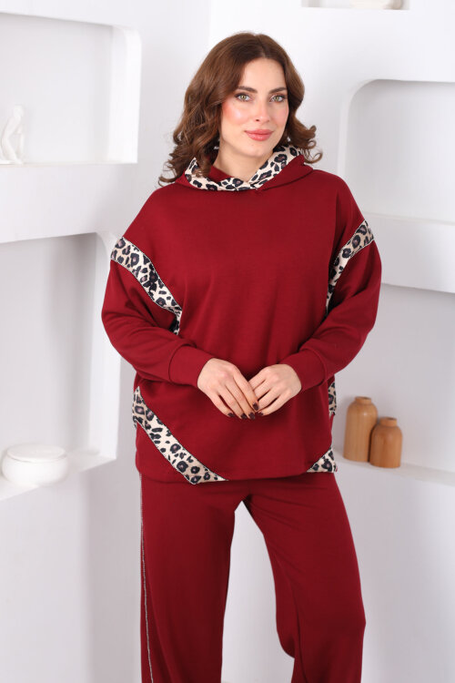 Kapüşonlu Leopar Detaylı Taşlı Bordo Kadın Modal Takım - 4