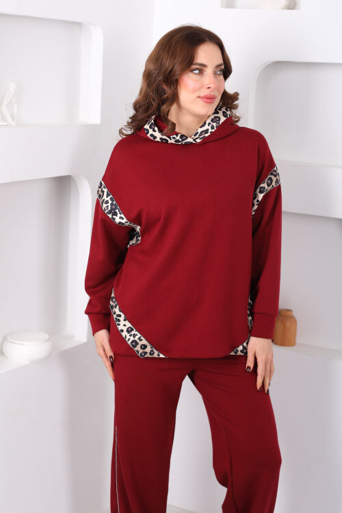 Kapüşonlu Leopar Detaylı Taşlı Bordo Kadın Modal Takım - 6