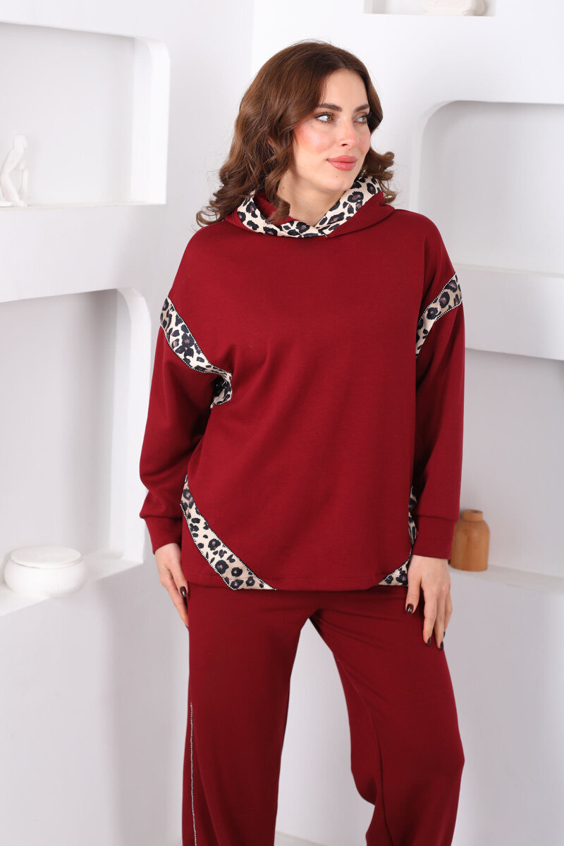 Kapüşonlu Leopar Detaylı Taşlı Bordo Kadın Modal Takım - 6