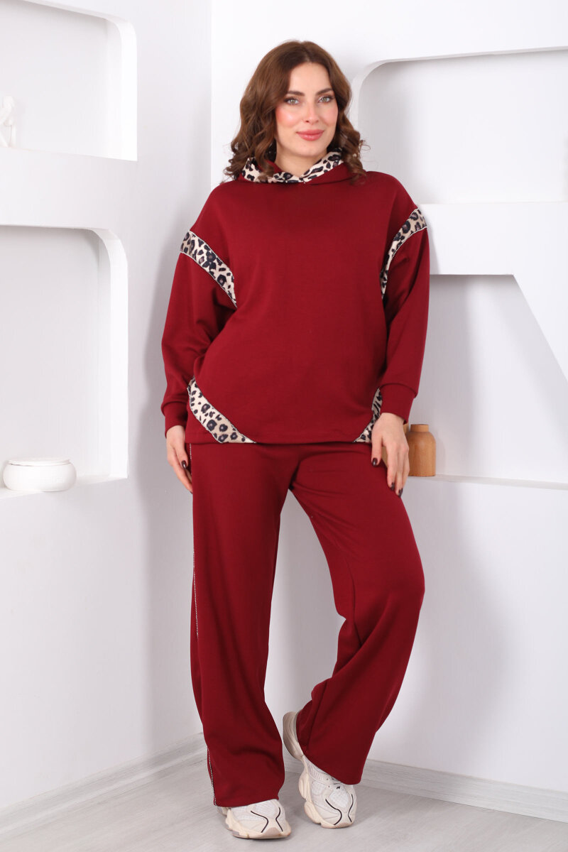 Kapüşonlu Leopar Detaylı Taşlı Bordo Kadın Modal Takım - 7