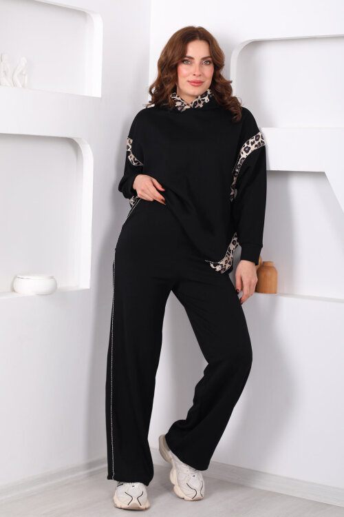 Kapüşonlu Leopar Detaylı Taşlı Siyah Kadın Modal Takım - 4