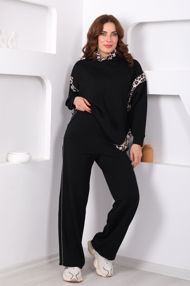 Kapüşonlu Leopar Detaylı Taşlı Siyah Kadın Modal Takım - 4